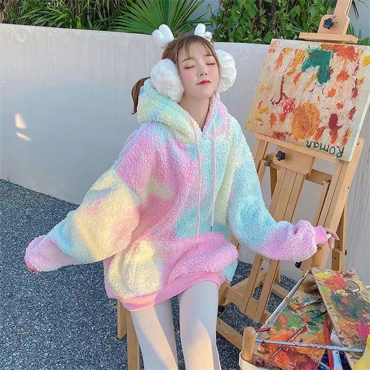 Lamswollen fleece gevoerde dikke tie-dyed trui met capuchon