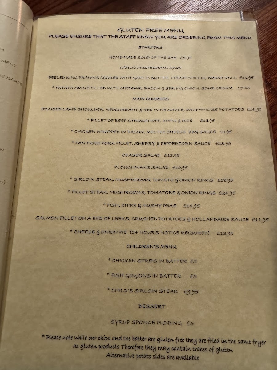 The Roebuck Inn gluten-free menu