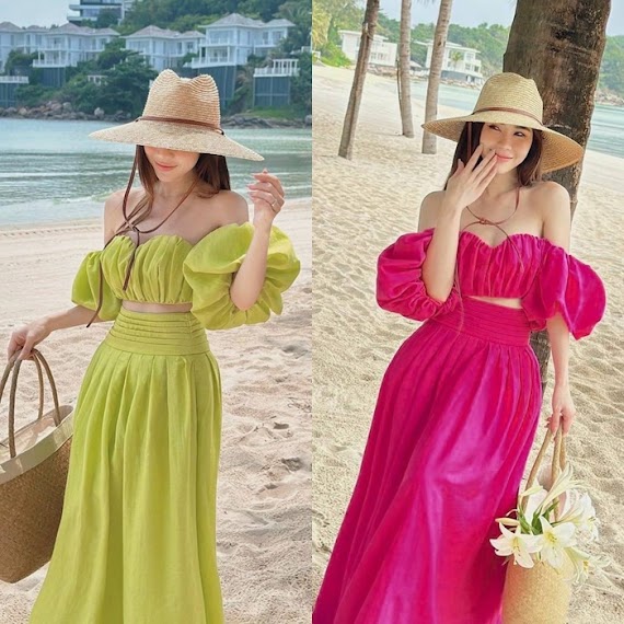 Đầm Maxi Đi Biển Set Chân Váy Dài Suông Trơn Midi Xếp Ly + Áo Croptop Ống Trễ Vai Tay Bồng Dạo Phố Đi Chơi