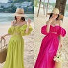 Đầm Maxi Đi Biển Set Chân Váy Dài Suông Trơn Midi Xếp Ly + Áo Croptop Ống Trễ Vai Tay Bồng Dạo Phố Đi Chơi