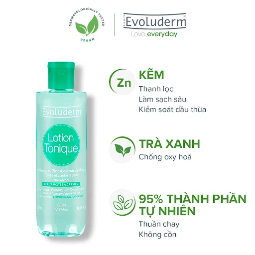 Nước hoa hồng Evoluderm bổ sung tinh chất Kẽm và Trà xanh dành cho da hỗn hợp và dầu mụn 250ml