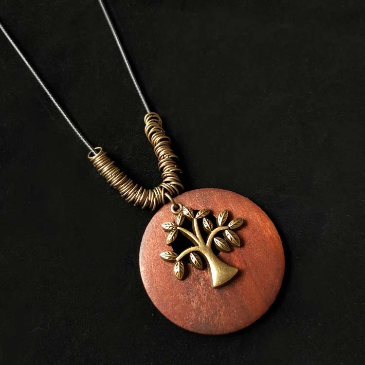 Collar largo de hojas de aleación de madera, algodón y lino vintage para mujer, elegante y cómodo, ideal para realzar tu estilo diario.