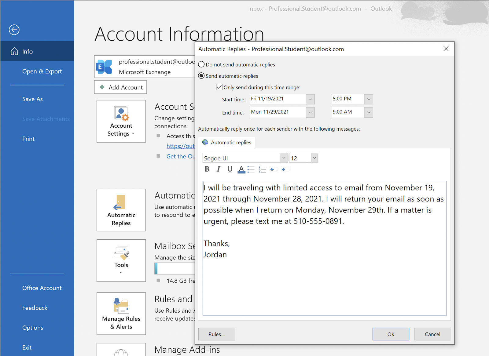 Screenshot showing the popup window to set up automatic replies in Outlook