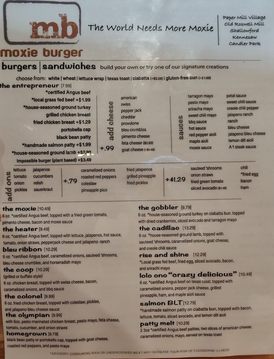 Moxie Burger gluten-free menu