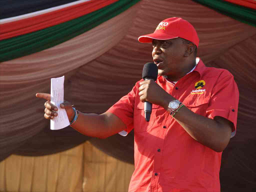 President Uhuru Kenyatta addressing his supporters at Tononoka grounds in Mombasa, March 12, 2017. /JOHN CHESOLI