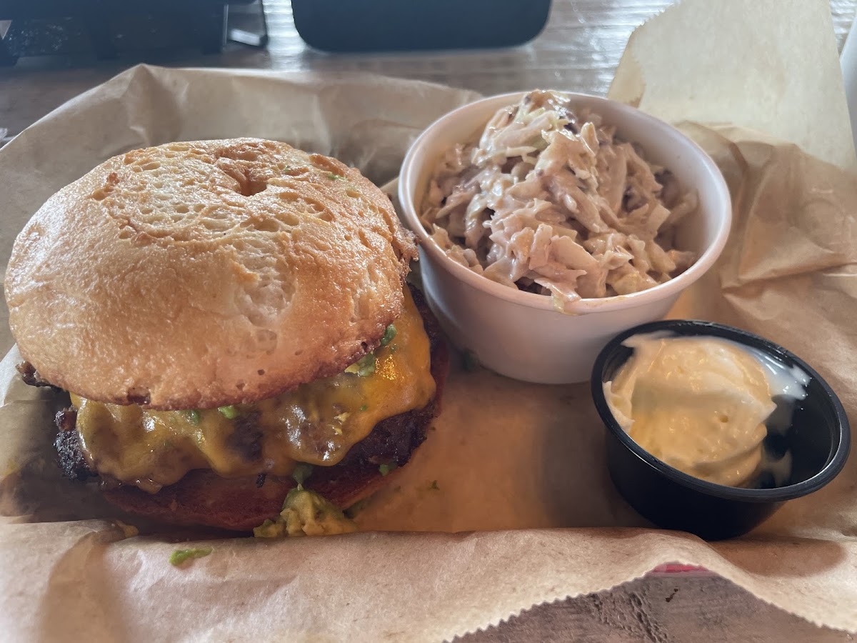 Burger with GF bun and cole slaw