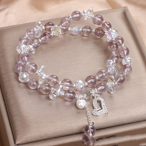 Title 5, Natural Double Ring Light Purple Crystal Bracel...