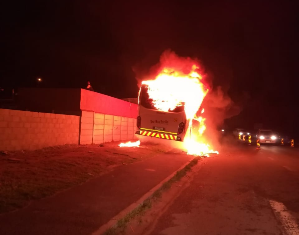 One of two Golden Arrow busses that were set on fire in Khayelitsha, Cape Town, on August 6 2018. No injuries were reported. It is unclear if the incidents were related to a taxi strike that was expected to affect commuters in the city.