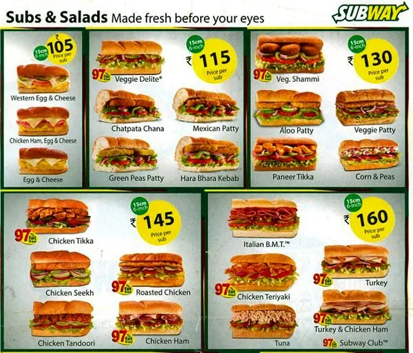 Menu of Subway, Great India Mall, New Friends Colony, New Delhi