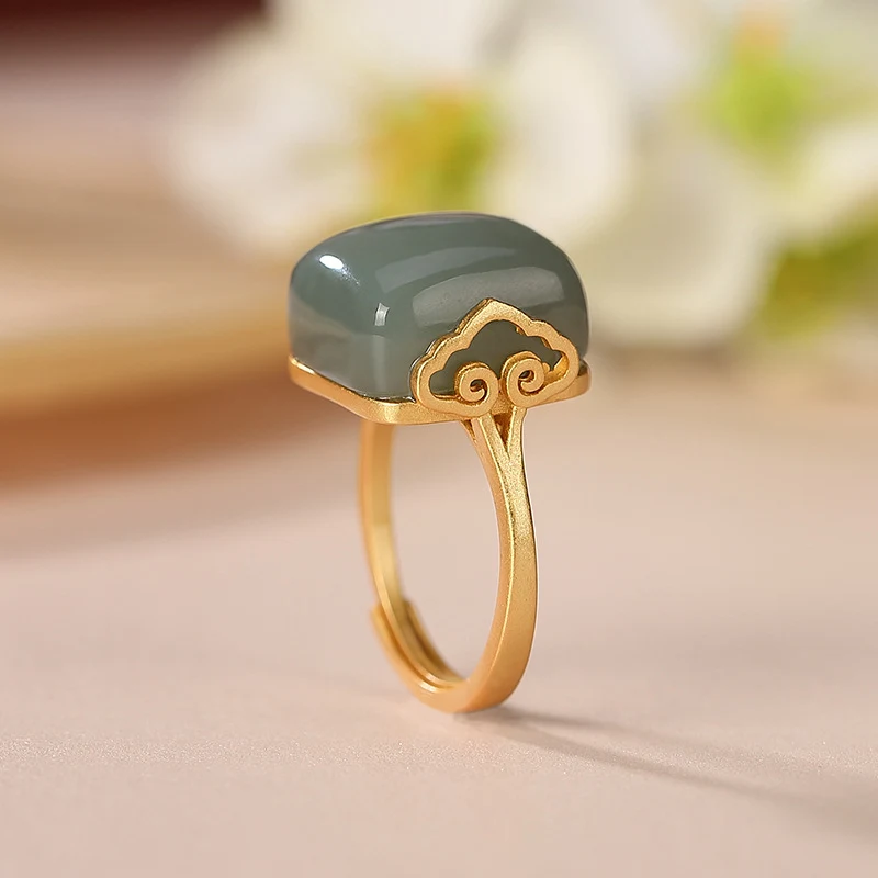 Anello Donna Argento Sterling Placcato Oro Giada Hetian Gioiello Elegante per Uso Quotidiano e Occasioni Speciali Regalo Perfetto Raffinato