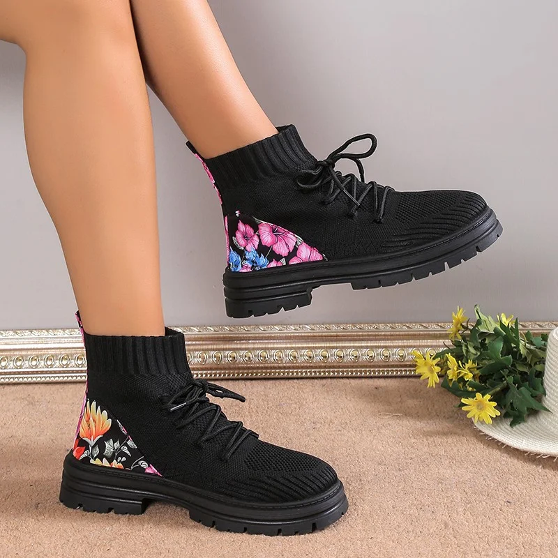 Bottines chaussettes à imprimé fleurs pour femmes, maille tricotée respirante, slip-on élastique, chaussures montantes automne hiver.