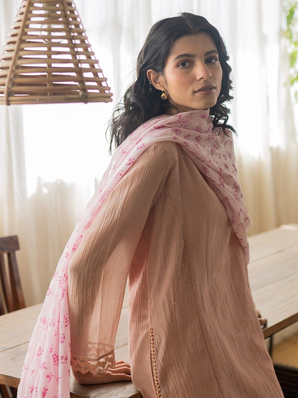 the loom - Old Rose Embroidered Chanderi Suit