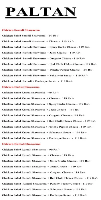 Paltan Shawarma menu 