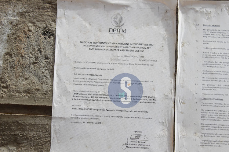 A Nema certificate pasted on the construction site of the 13 storey building along Mbaazi Avenue in Lavington, Nairobi. October 26, 2023