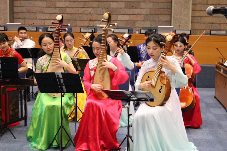 Nanjing University traditional instrument orchestra perform during the Chinese language day celebrations at United Nations, Gigiri on April 19, 2024