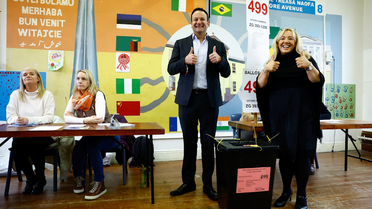 Ireland's Taoiseach (Prime Minister) Leo Varadkar poses after voting in a referendum on changes to the Irish constitution called the Family Amendment and the Care Amendment, at Scoil Treasa Naofa in Dublin, Ireland March 8, 2024.