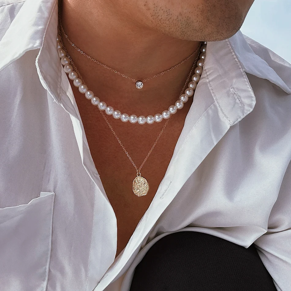 Collier de perles et strass stéréo pour homme, ensemble trois pièces, luxe léger, accessoires design de niche polyvalents