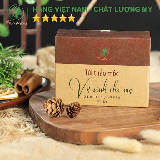 Bộ chăm sóc mẹ là siêu nhân, khử mùi và phục hồi năng lượng cho mẹ sau sinh Wonmom ( 1 hộp lá xông - 1 hộp túi thảo mộc vệ sinh vùng kín cho mẹ )