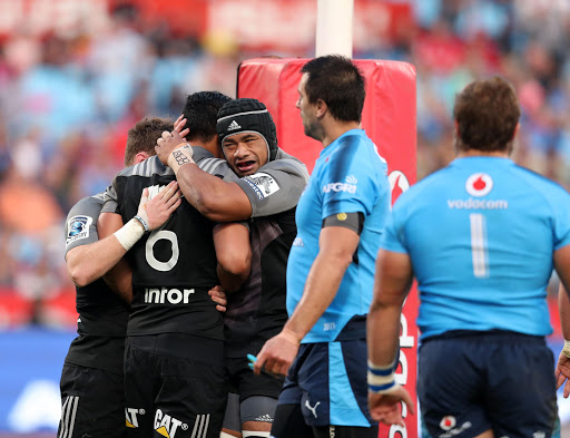 Pete Samu of the Crusaders (6) celebrates with a try teammates during the 2017 Super Rugby match between Bulls and Crusaders at Loftus Versveld Stadium in Pretoria, South Africa on 06 May 2017. ©Muzi Ntombela/BackpagePix