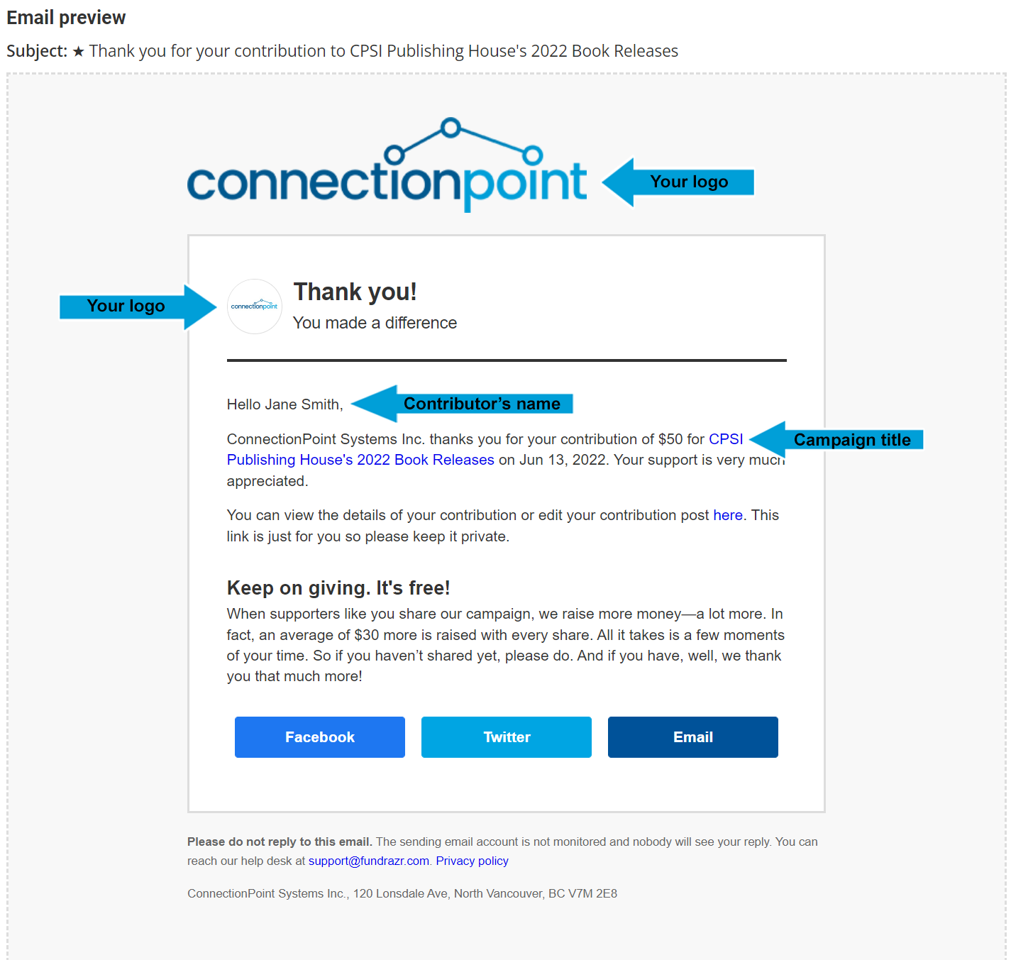 Screenshot of the confirmation email preview for an organizational campaign (organization logos replace all ConnectionPoint platform logos)