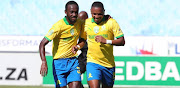 Andile Jali of Mamelodi Sundowns celebrates scoring a penalty with Peter Shalulile of Mamelodi Sundowns during the 2021 Nedbank Cup Last 16 match between Mamelodi Sundowns and Polokwane City at Loftus Versfeld Stadium, Pretoria.