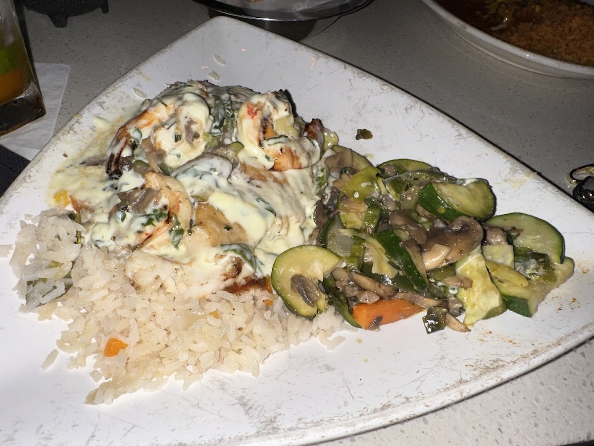 Vallarta del Mar (tilapia and shrimp over arroz blanco with a spinach cream sauce and sauteed vegis)