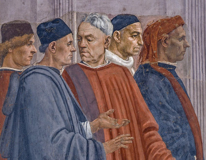 Masaccio e Filippino Lippi,Resurrezione del figlio di Teofilo e san Pietro in cattedra (particolare cinque fiorentini con tipiche tuniche rinascimentali sulla sinistra), Cappella Brancacci, Santa Maria del Carmine, Firenze