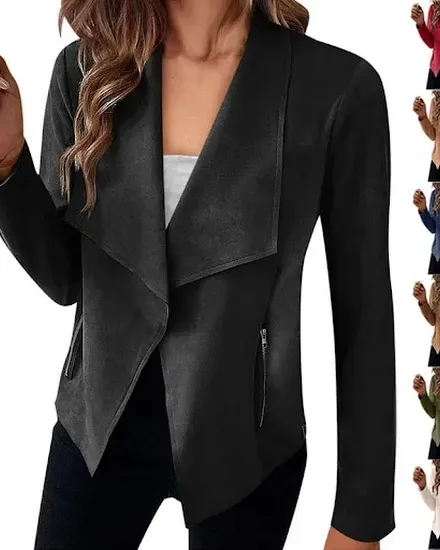 Women's Suit Jacket Solid Suede Lapel Zipper Pocket Offic... - 3