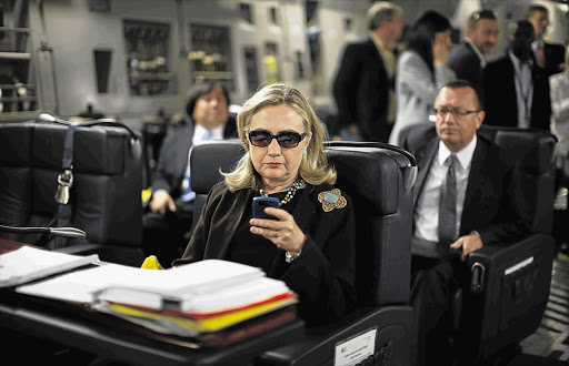 On the witty Tumblr account called 'Texts from Hillary' this image of US Secretary of State Hillary Clinton has become a source of humour Picture: KEVIN LAMARQUE/REUTERS