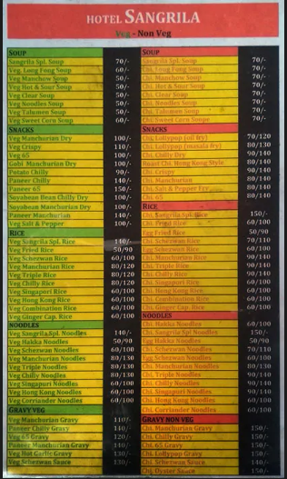 Hotel Sangrila menu 