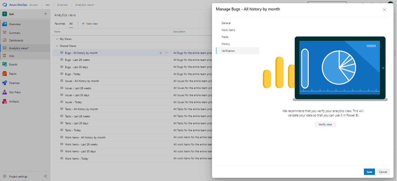 Azure DevOps analytics view verification data section