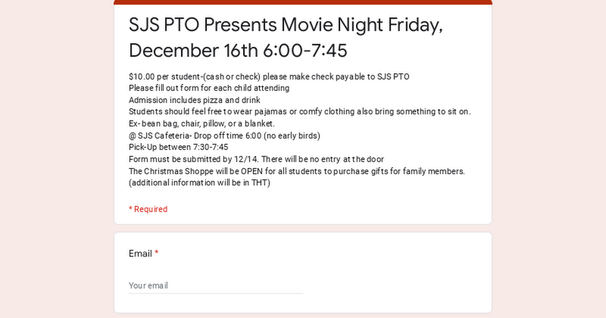 SJS PTO Presents Movie Night Friday, December 16th 6:00-7:45