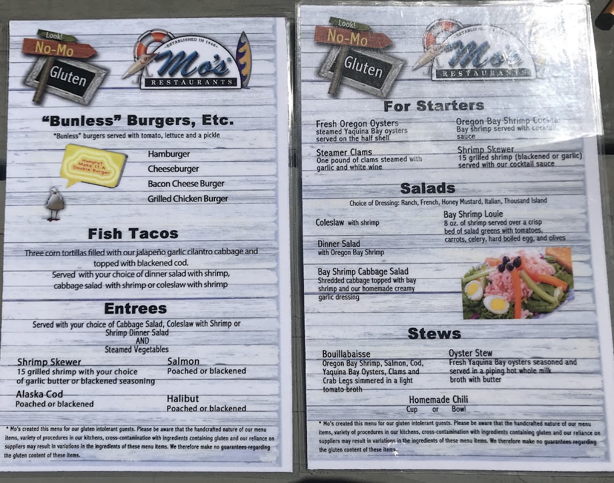 Mo's Seafood & Chowder gluten-free menu