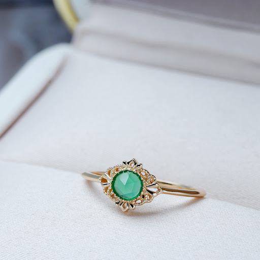 Title 3, S925 Silver Plated 14K Gold Green Agate Ring. E...