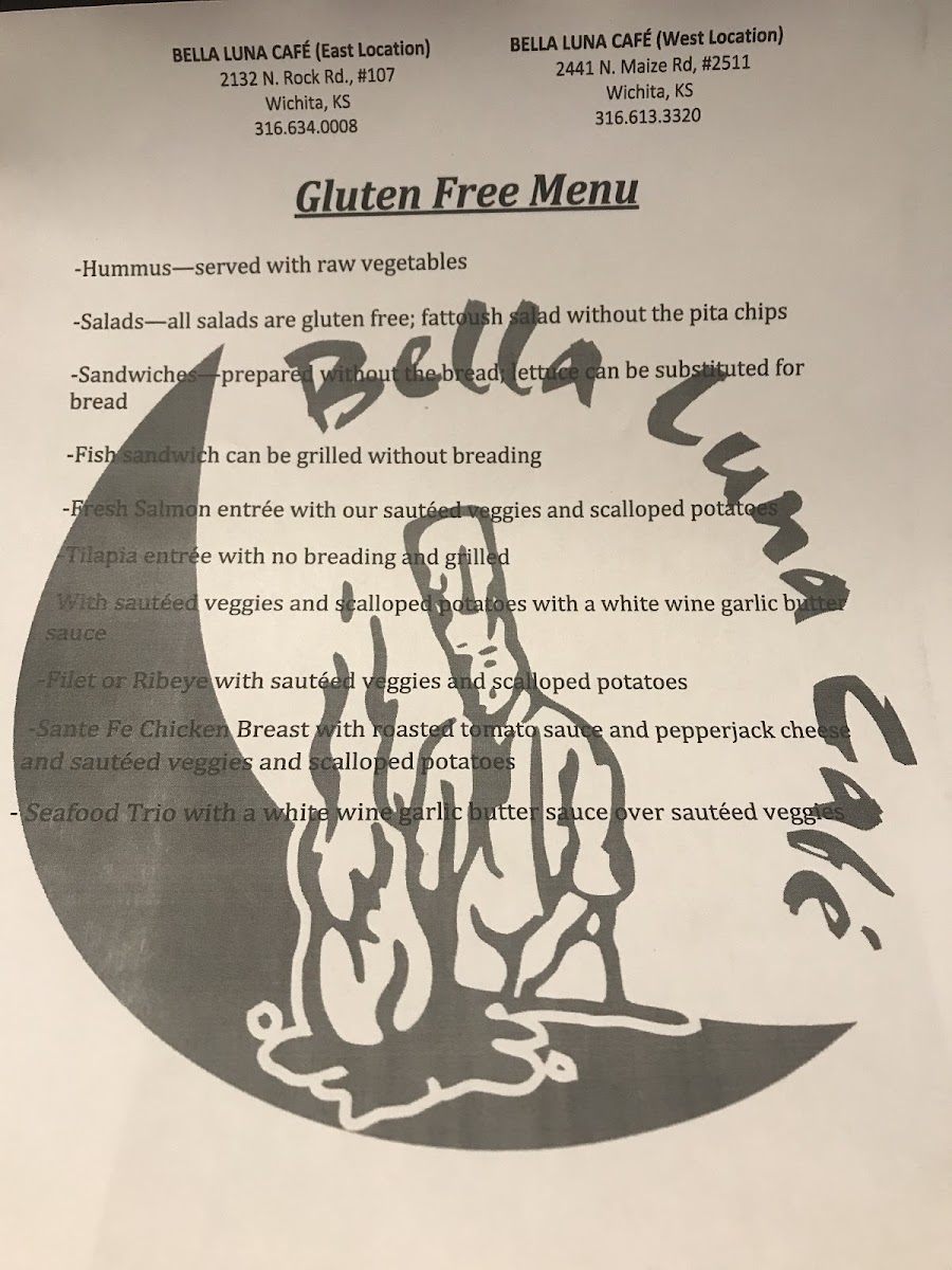 Bella Luna Cafe West gluten-free menu