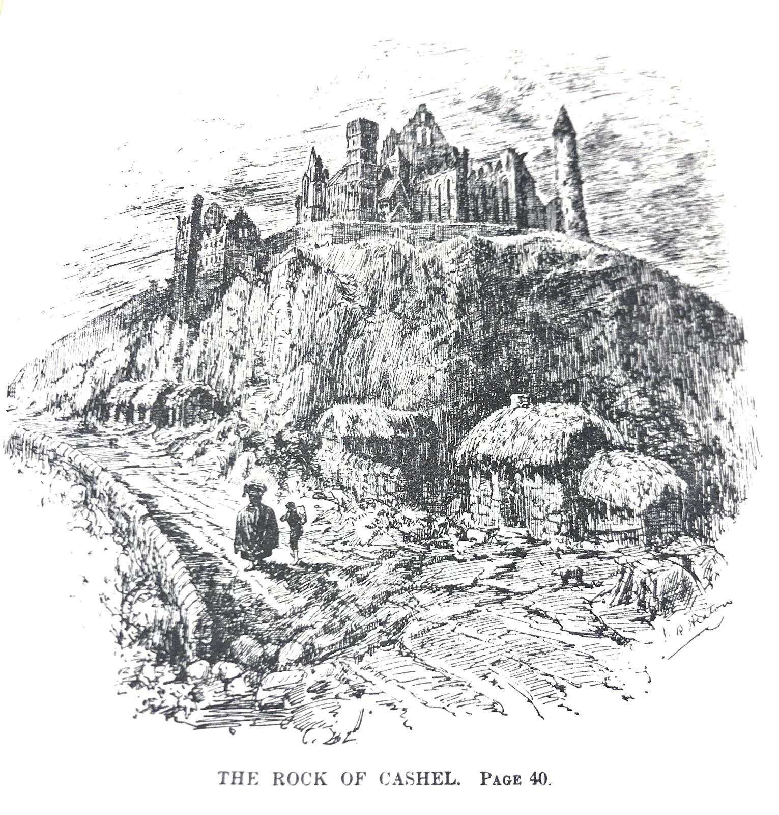 Black and white ink drawing  for “The Sexton of Cashel.” Includes thatched hits and a castle atop the rock of Cashel.