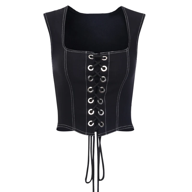 Bandage Solid Color Denim Navel Vest