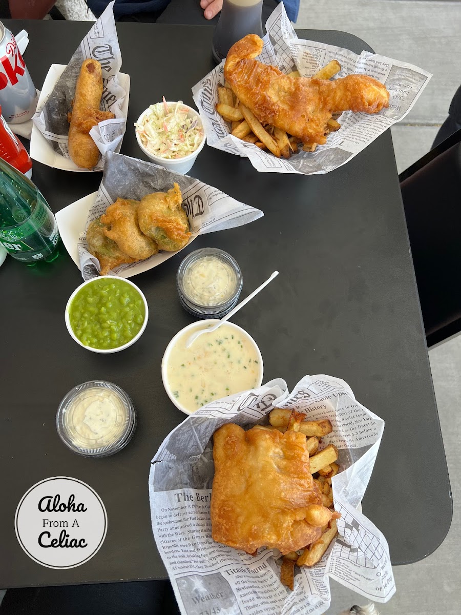 Fish and Chips, Mushy Peas, Mushy Pea Fritters, Clam Chowder and Battered Sausage - ALL GF!
