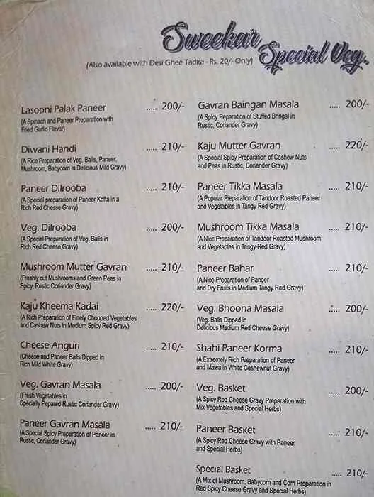 Sweekar Veg Restaurant menu 