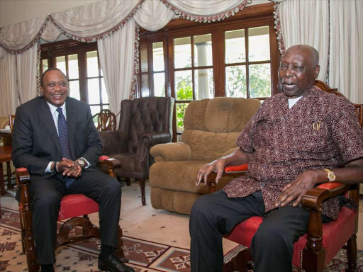 President Uhuru Kenyatta with former President Daniel arap Moi during their meeting at his home in Kabarak, July 28, 2018. /PSCU