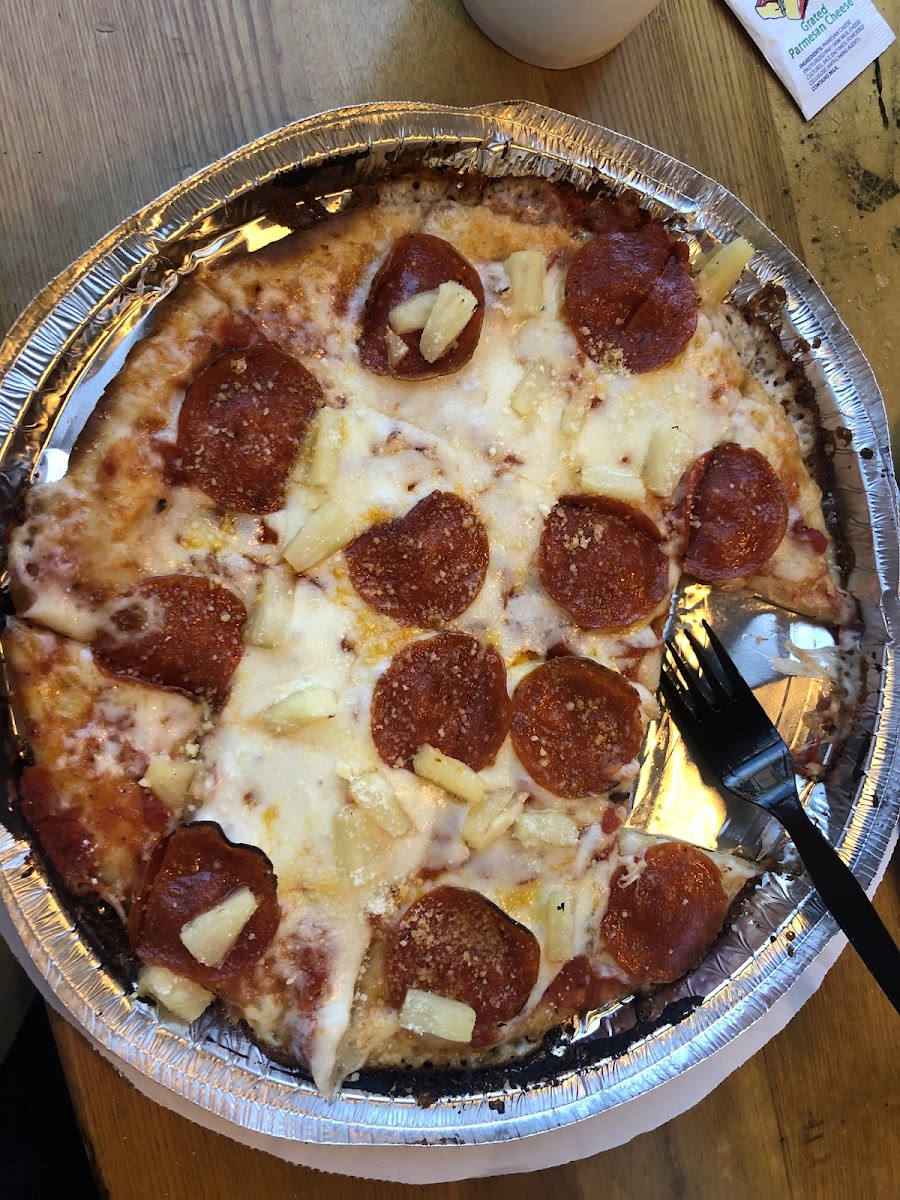 Pepperoni and pineapple gluten free pizza