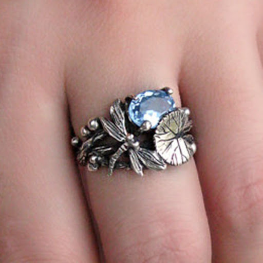 Title 14, Dragonfly Lotus Vintage Thai Silver Ring with T...