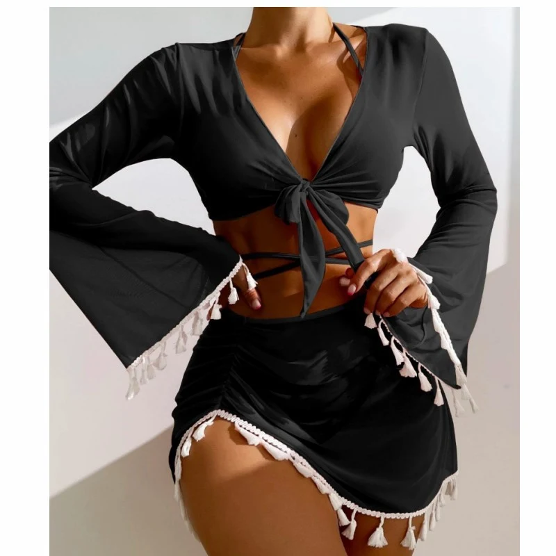 Neuer europäisch-amerikanischer konservativer 4-teiliger Badeanzug für Damen mit Tassel-Bluse, Mesh-Rock und Bikini-Oberteil