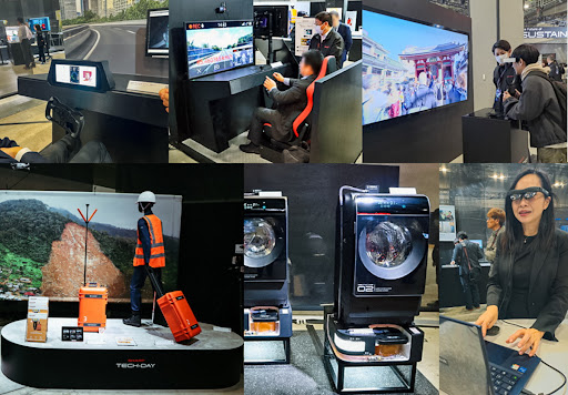 Clockwise: 1. Driver monitoring compact camera, 2. AI driving improvement solution, 3. XR augmented reality glasses, 4. Ultra-compact camera, 5. Ultra water saving washer system, 6. Instant 5G network for disaster monitoring system.