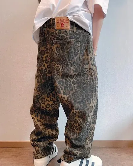 HOUZHOU Tan Leopard Jeans Men Denim Pants Male Oversize W... - 0