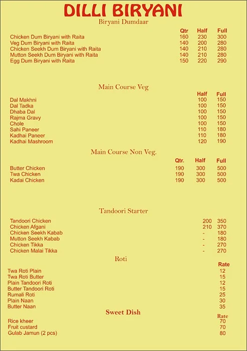 Dilli Biryani menu 