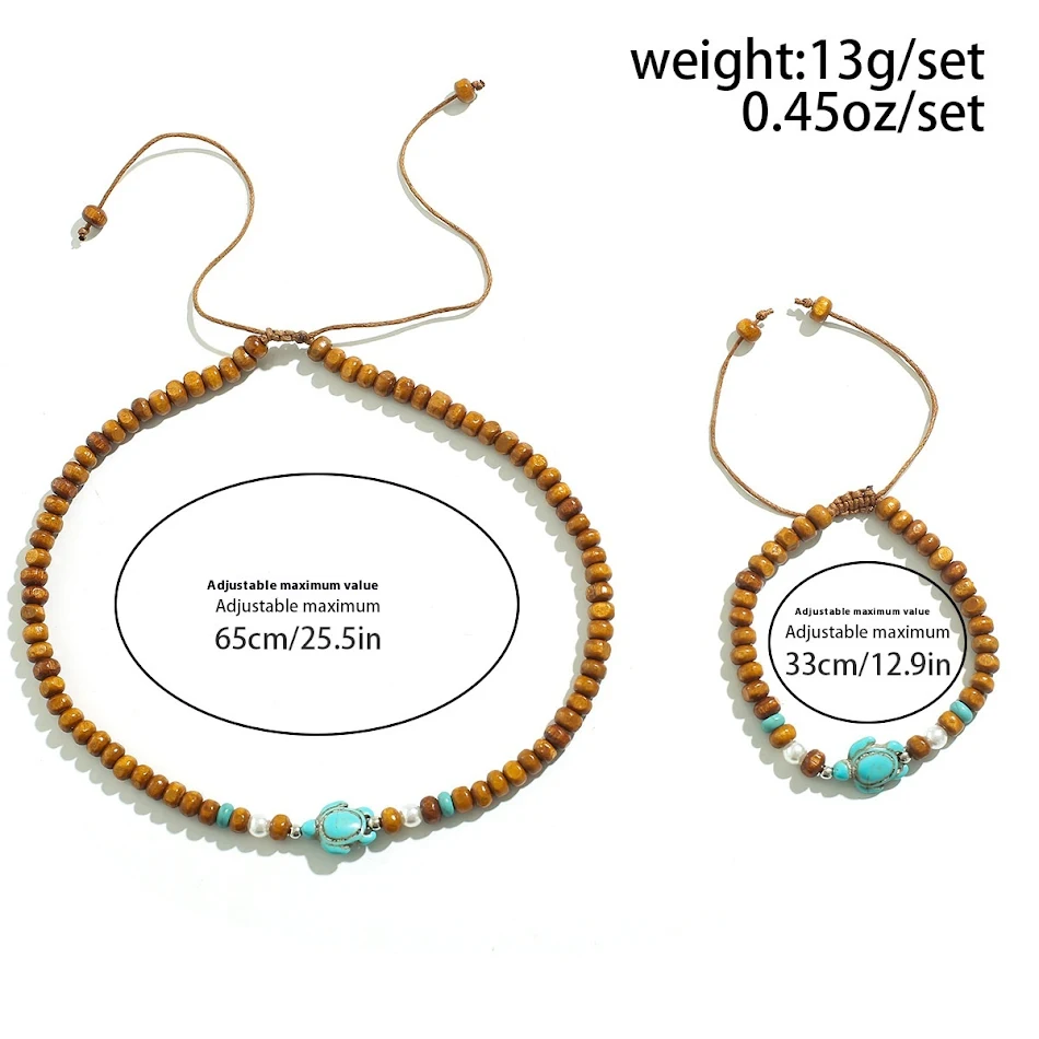 Ensemble bracelet et collier tortue en perles de bois Surfer. Look naturel et bohème, idéal pour les surfeurs. Cadeau parfait.