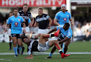 Kobus van Wyk of the Cell C Sharks out jumps Warrick Gelant of the Vodacom Blue Bulls during the Currie Cup Semi Final match between Cell C Sharks and Vodacom Blue Bulls at Growthpoint Kings Park on October 21, 2017 in Durban, South Africa.