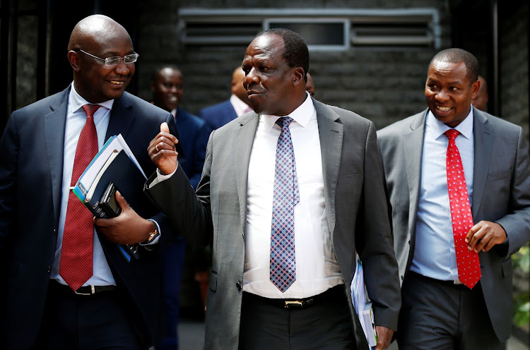 Council of Governors Chairman Wycliffe Oparanya (C) with governor Wyclife Wangamati (Bungoma) and Nderitu Mureithi (Laikipia) after they presented the Budget Proposal Statement before Senate Finance Committee on February 25, 2019.