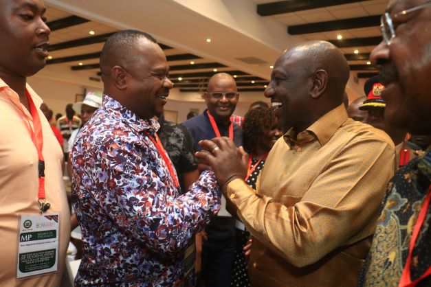 Jomvu MP Badi Twalib and President William Ruto at PrideInn Paradise Hotel in Mombasa on January 30, 2023.